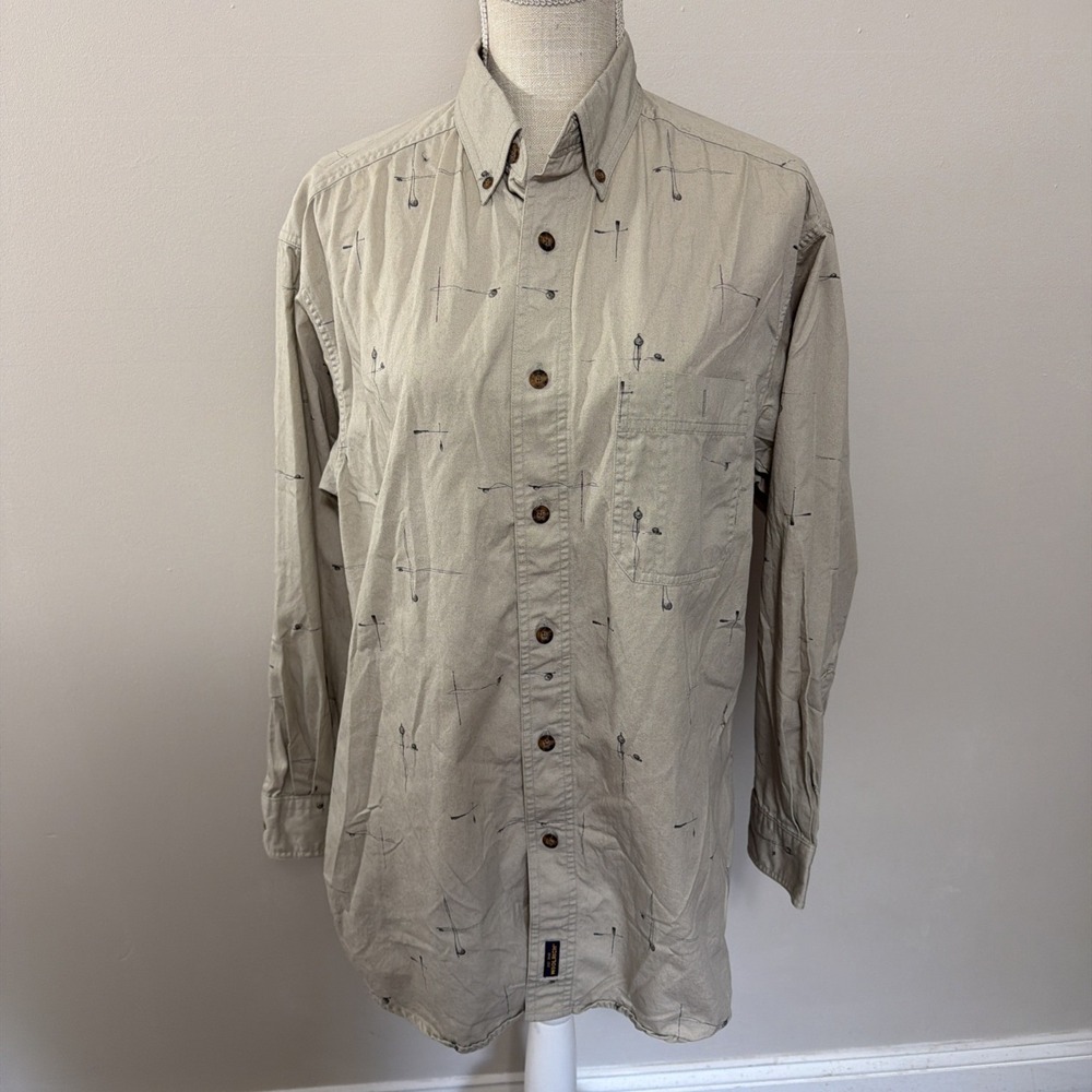 WOOLRICH Long Sleeve Shirt Button Down Fishing Rods Cotton Men Collared L‎ Large